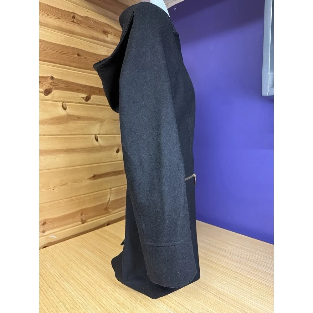 Michael Kors Black Hooded Wool Blend Coat Gold Zip Womens Approx XL